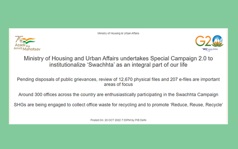 MoHUA institutionalize ‘Swachhta’ as an integral part of our life