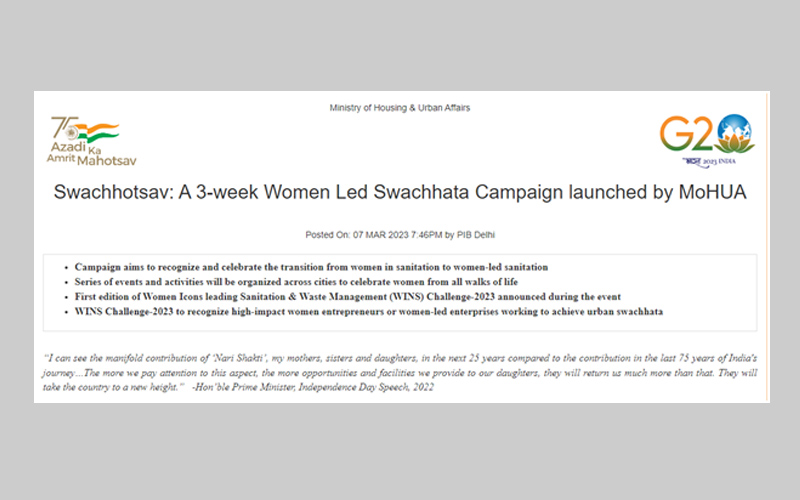 Swachhotsav: A 3-week Women Led Swachhata Campaign launched by MoHUA
